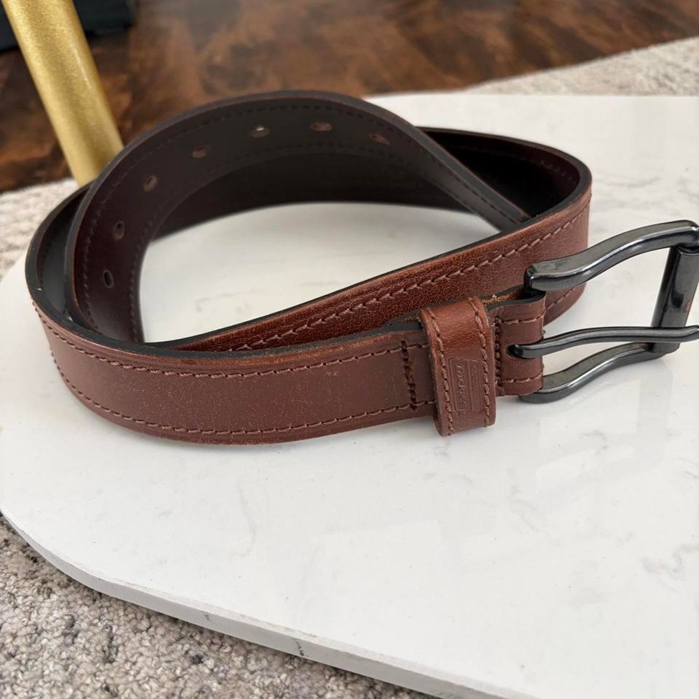 Brown leather work belt roller buckle 32" heavy stitch utility